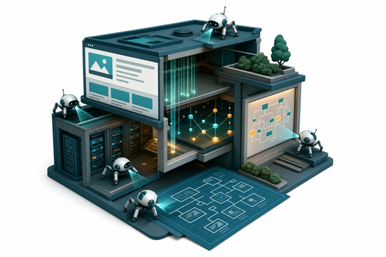 Illustration af AI-crawlere der inspicerer et websites tekniske fundament