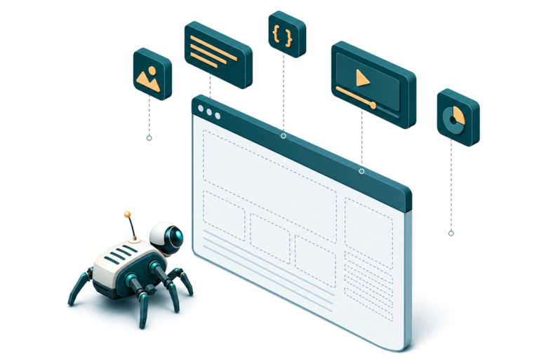Robot-crawler ser tom side mens JavaScript-komponenter svæver ukoblet ovenover