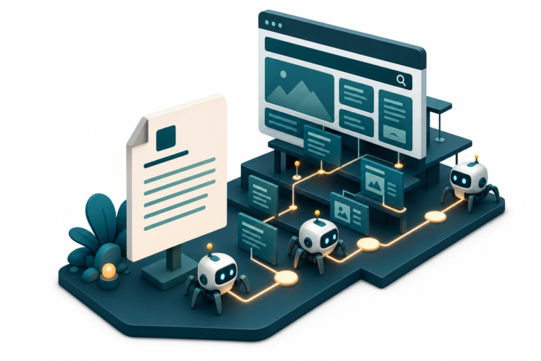 Illustration af en llms.txt-fil som vejviser for AI-crawlere på et website